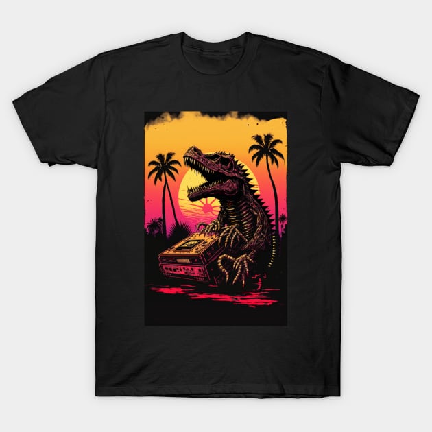 Synthwave Dinosaur Skeleton T-Shirt by Nightarcade